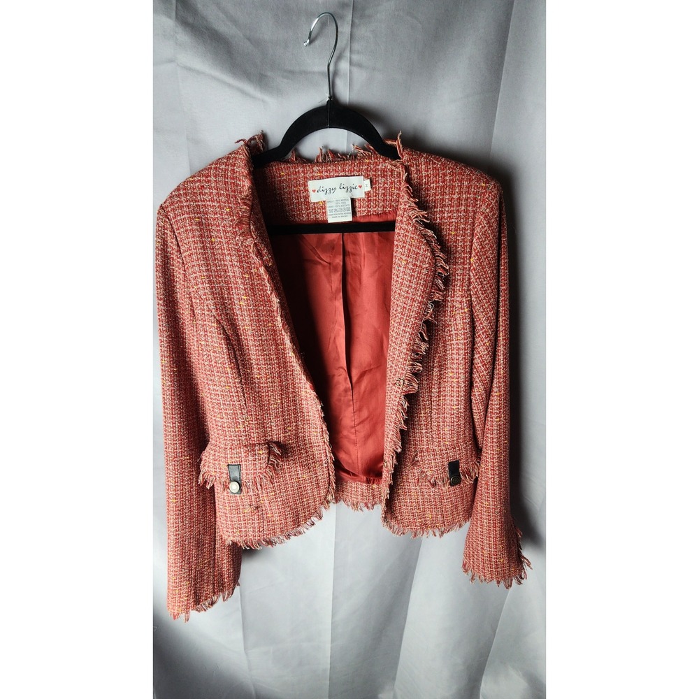 Dizzy Lizzie Red Orange Tweed Fringe Blazer Jacket Preppy Academic Wool Blend M